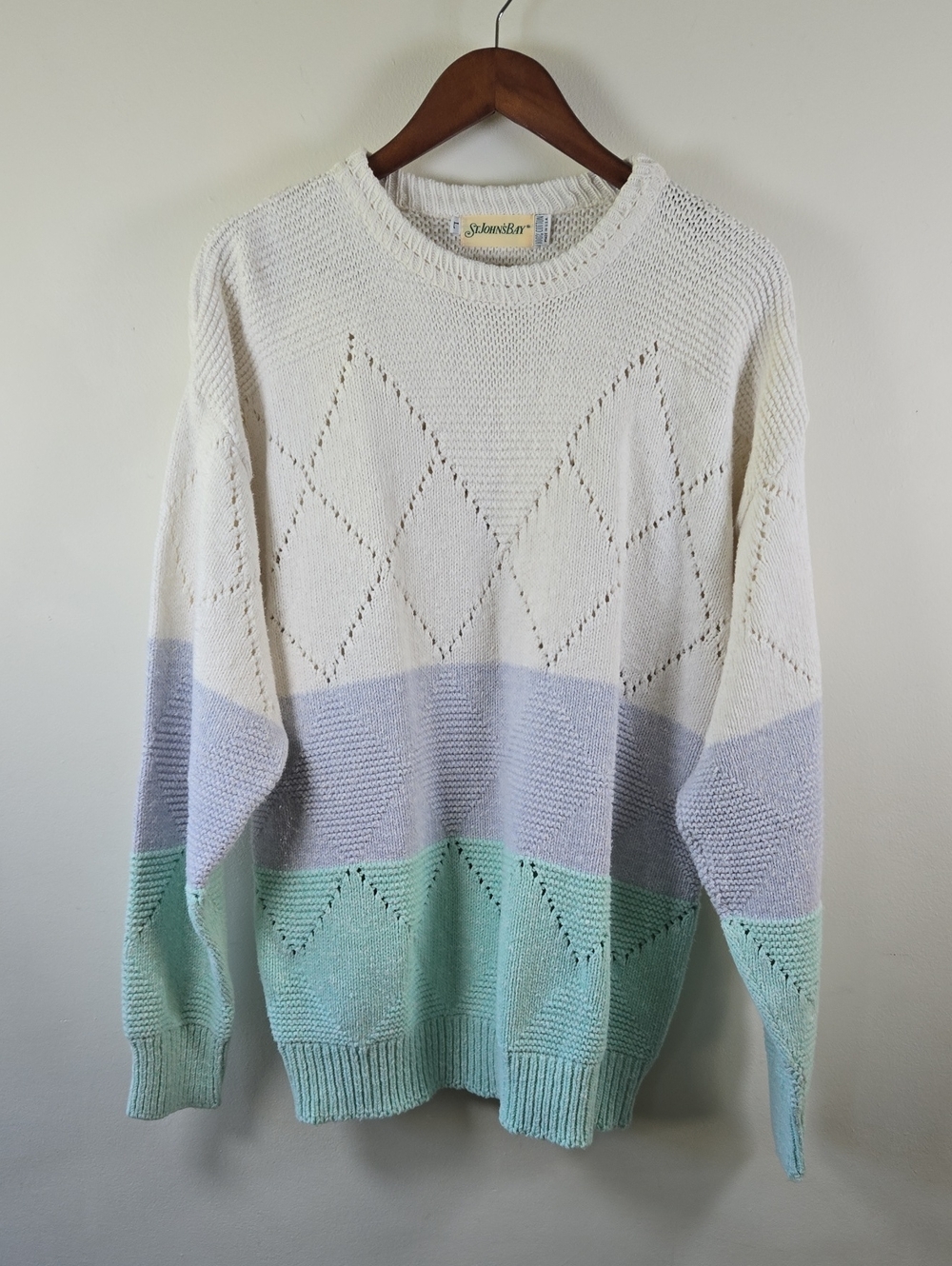 Vintage Pastel Color Block Diamond Knit Sweater Size Large